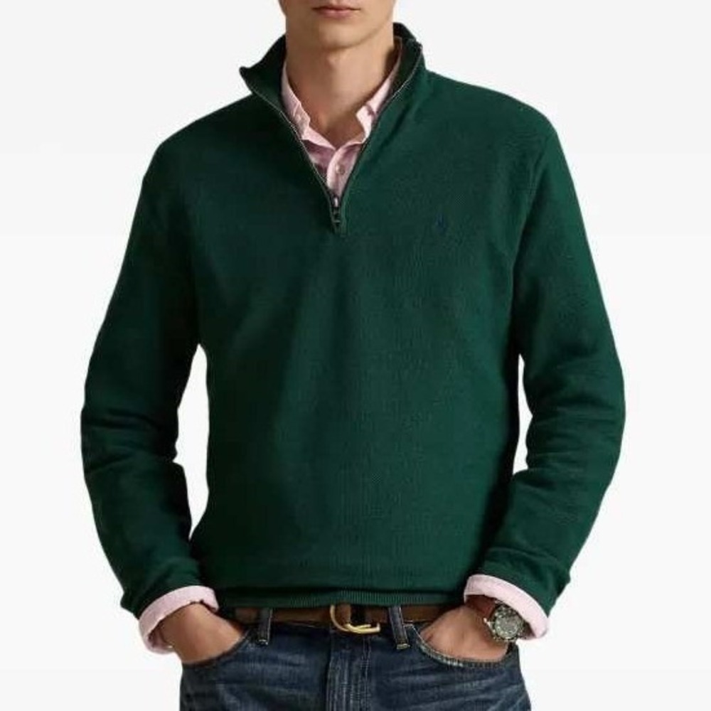 Polo Ralph Lauren Mens Knit Quarter Zip Sweater M Green Preppy Pony Logo Classic